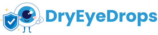 DryEyeDrops logo featuring a friendly eyeball mascot holding a checkmark shield